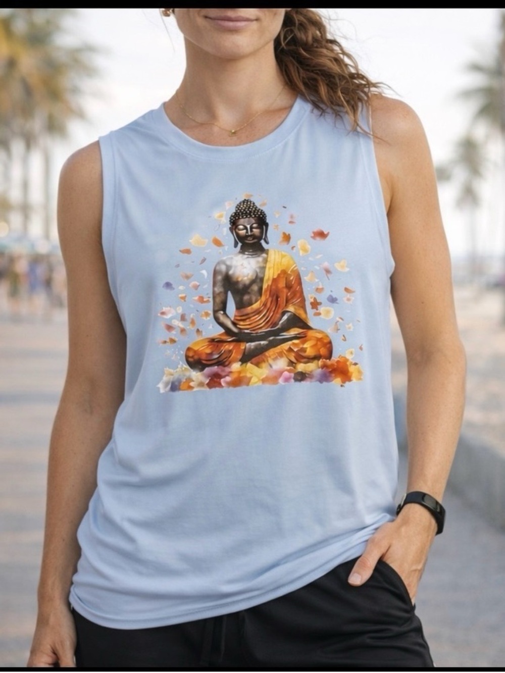 Women's Light Blue Buddha Graphic Muscle Tank